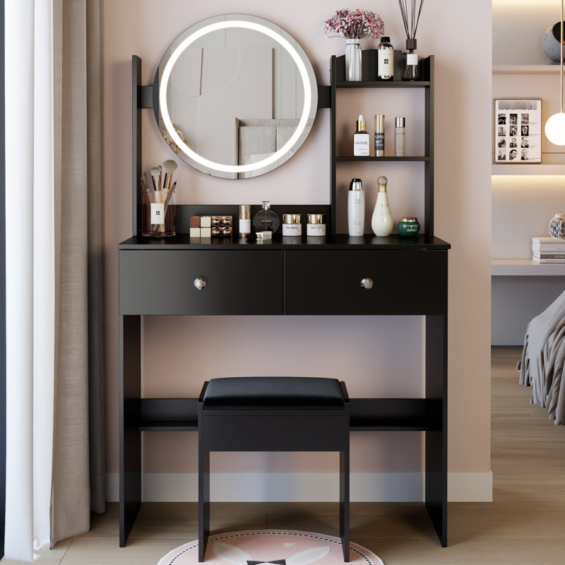 17" Round Led Vanity Table And Cushioned Stool , Touch - Operated 3 Color Lighting With Adjustable Brightness, Large Mirror Multi Layer Storage, Ideal For Small Home Spaces, American Inspired Look,
