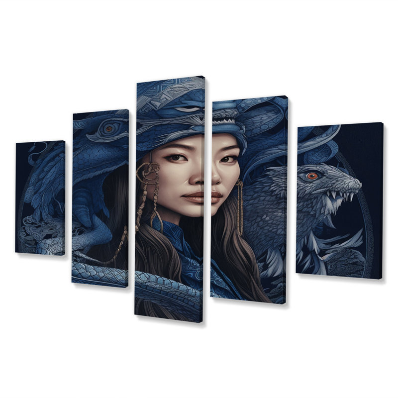 «Asian Native Japanese Ainu Goddess V», reproduction d'art sur toile femme asiatique - 5 panneaux