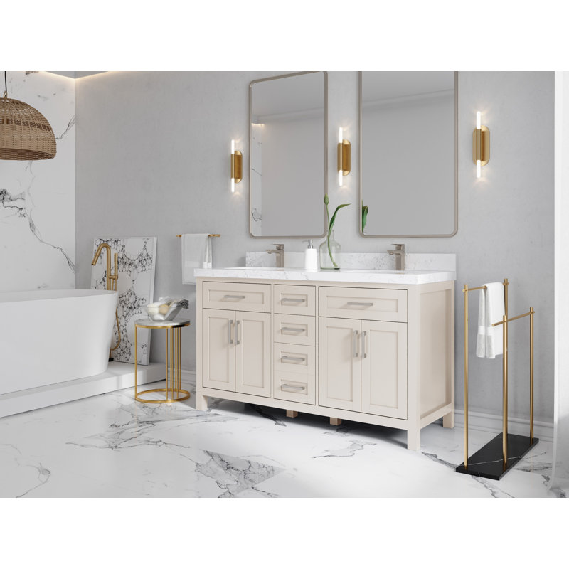 60 po Cambridge X P 22 po D Meuble-lavabo double en grain fin avec 2 po Calacatta Poanazzo Quartz