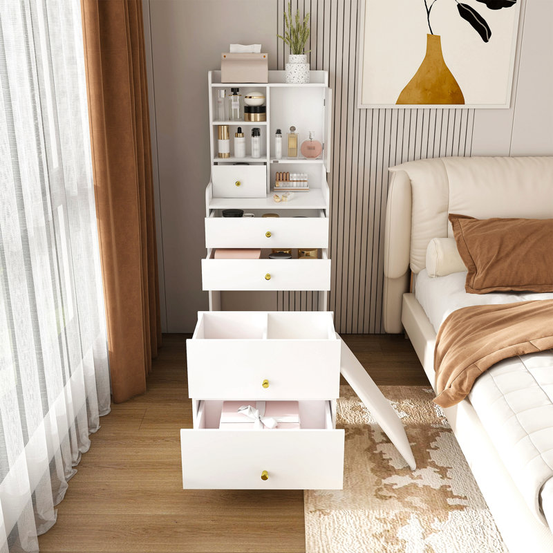 Coiffeuse 3 en 1 avec miroir à DEL et tabouret de rangement - coiffeuse de maquillage compacte avec 4 tiroirs, armoire de rangement et tabouret caché, conception à panneau de densité blanc, bibliothèque ouverte pour l'organisation de la chambre à coucher