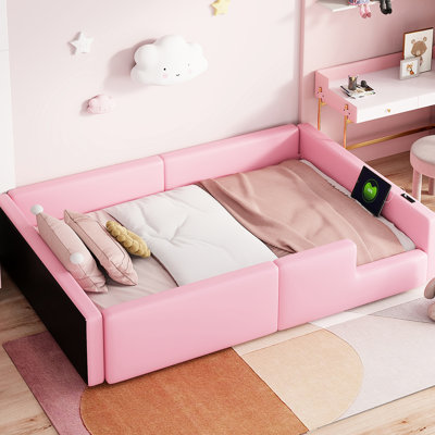 Lit plateforme simple rose rembourré avec garde-corps et support souple de type C, confortable pour la lecture au lit, fiable