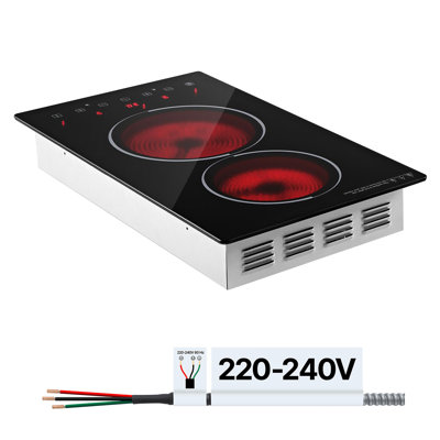 Plaque de cuisson électrique 12 pouces 2 brûleurs 3000W 220V sans prise, cuisinière électrique radiante encastrée en céramique, avec 9 niveaux de puissance, minuterie, verrouillage pour enfant, protection contre la surchauffe, commande tactile