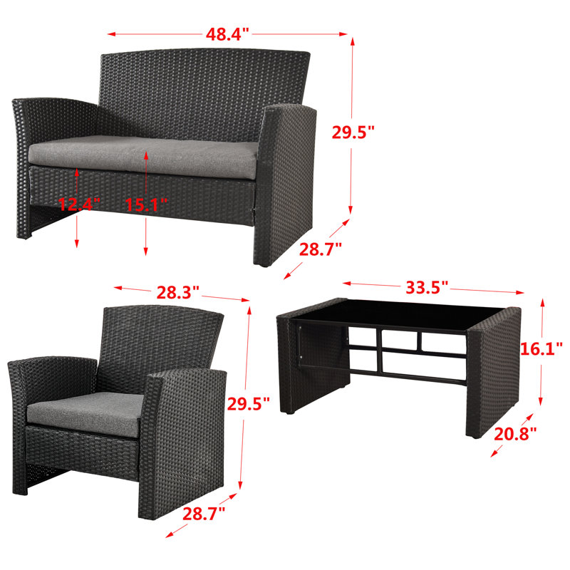Ensemble de conversation en rotin avec coussins 4 pièces Hemmo, gris