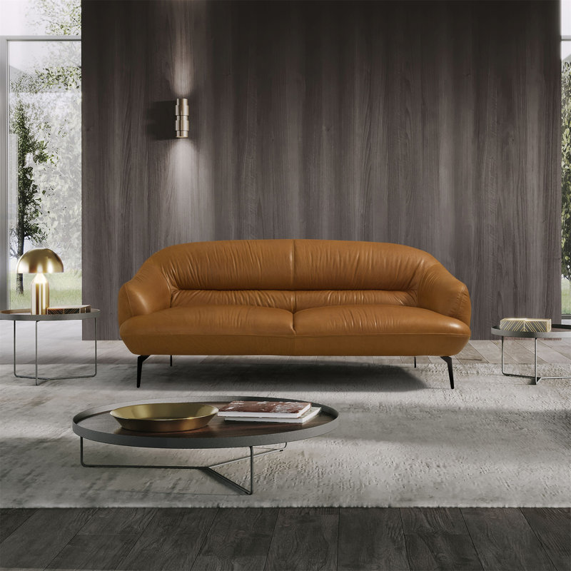 Leonia Cognac Leather Sofa, Brown, 35" H x 66" W x 38" D