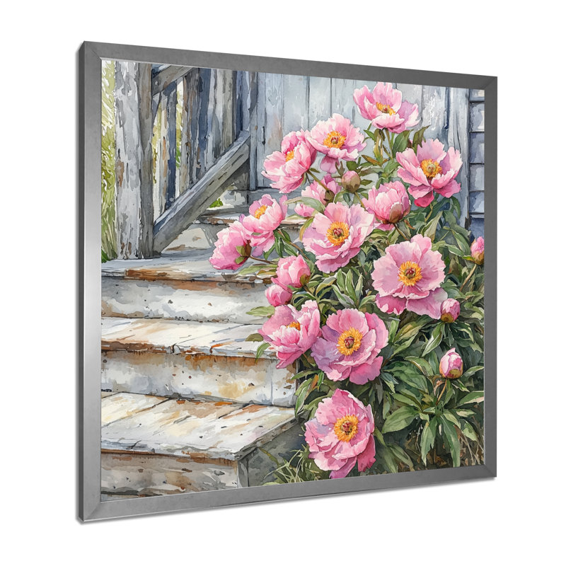 Grandes pivoines roses Criswell par The Farmhouse Steps II - pivoines, H 30 po x l 30 po, Argent argent