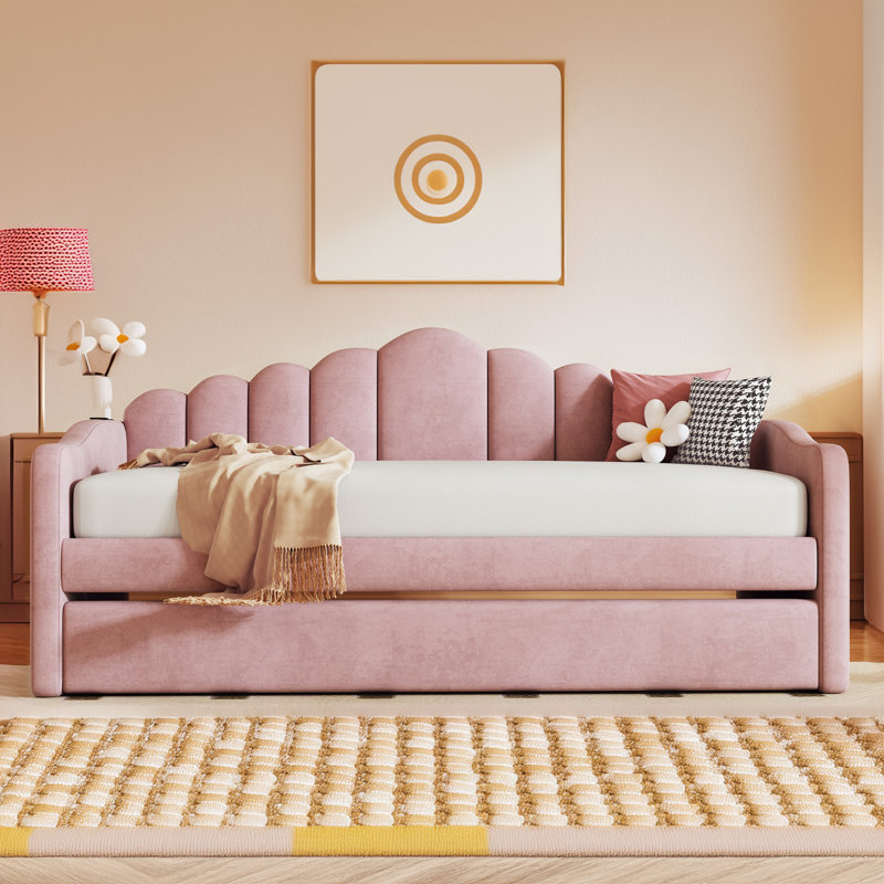Upholstered Daybed with Trundle ,Velvet Sofabed with USB Charging Ports, Pink Velvet