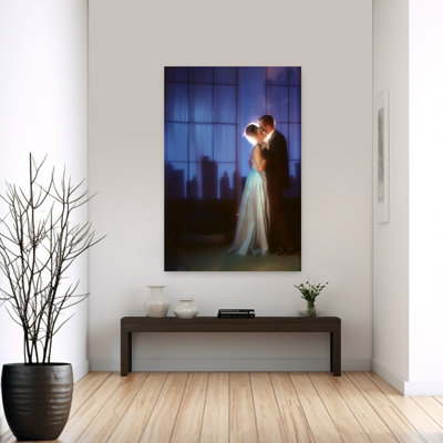 1970S Couple In Formal Attire Dancing In Moonlight On Penthouse Rooftop Balcony Woman Wearing Long White Gown Romantic Abstract Contemporary City P...