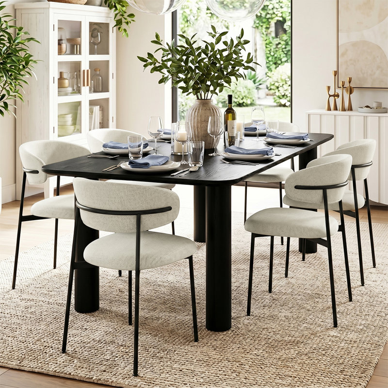 Modern 7-Piece Dining Set With Rectangular Wood Table And Upholstered Curved Back Chairs, Beige