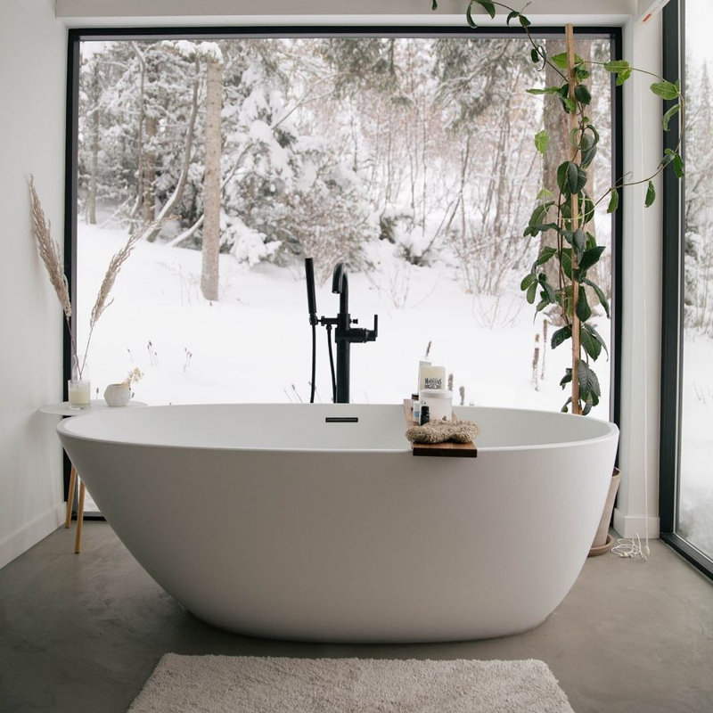 BE 66'' L Freestanding Soaking Bathtub, Glossy White, Polished Chrome