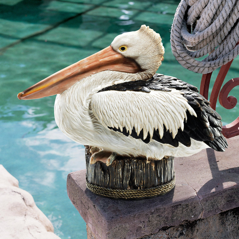 Naturalistic Hand-Painted Resin Pelican Statue on Aged Dock Post