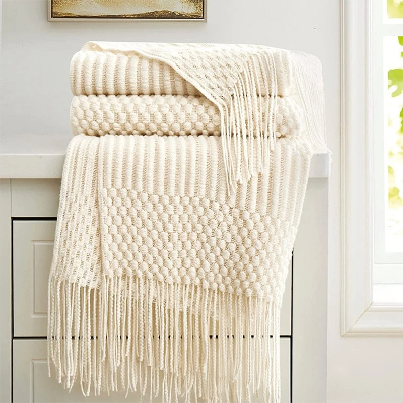 Jeté texturé ivoire à franges douces et douillettes 50 po x 60 po, Ivoire ivoire