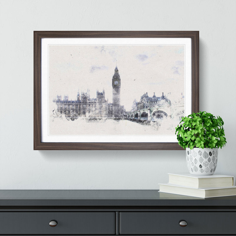 The Houses Of Parliament London Watercolour - Single Picture Frame Print on MDF, 40cm H x 60cm W x 2cm D, Walnut Framed