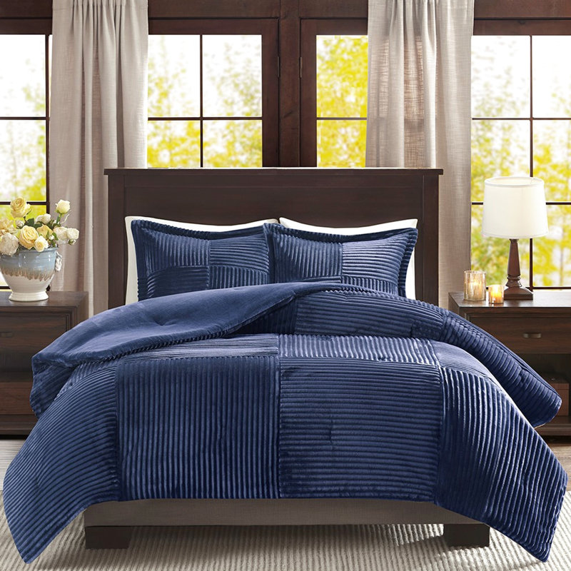 Navy Comforter Full/Queen - Ribbed Front, Solid Back, Machine Washable, Includes & 2 Shams Navy, Interior, Exterior, Reverse, 1 And