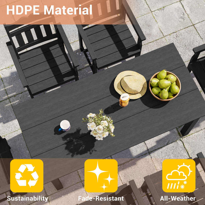 7 Piece HIPS Weather-Resistant Patio Dining Set with Umbrella Hole, Heavy Duty Dining Table Set for 6, Easy Assembly Patio Table and Chairs for Patio, Yard, Poolside