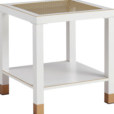Modern Glass End Table, 2-Layer Side Table with Tempered Glass Top and Metal Frame, White and Gold Square Nightstand for Living Room Bedroom