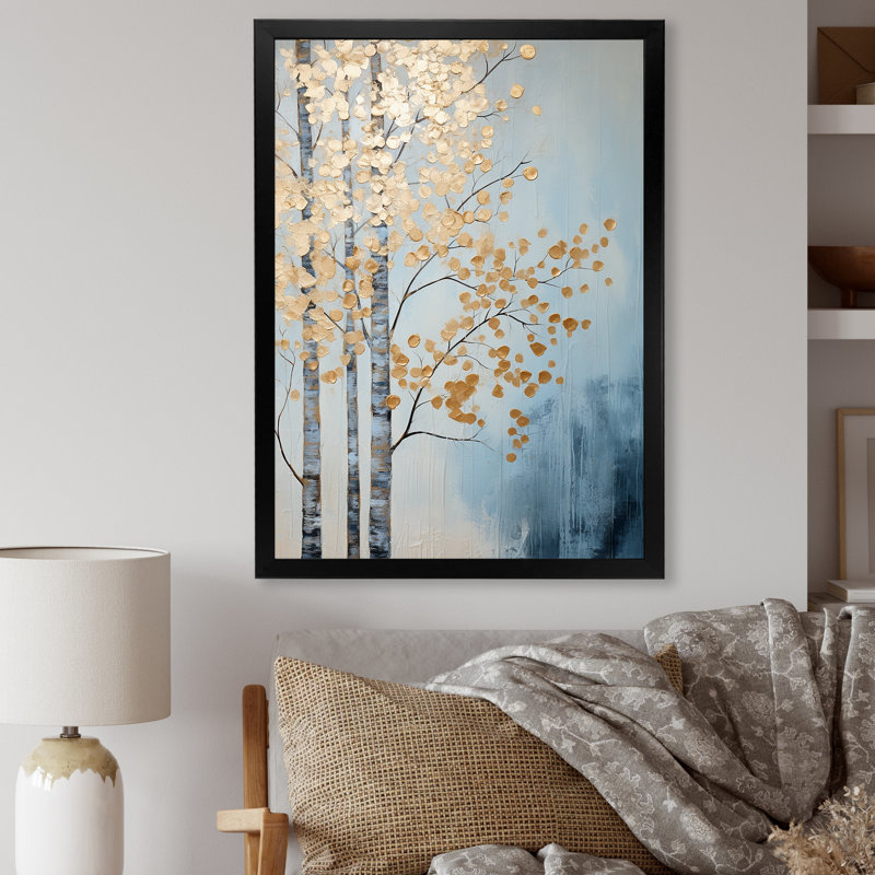 Minimalisme, scène d'arbres dorés et bleus V, reproduction sur toile, Cadre simple noir, H 32 po x l 16 po x P 1 po