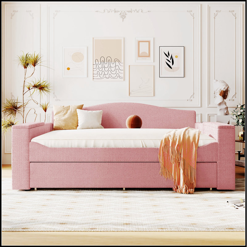 Lit de jour rembourré avec accoudoirs de rangement, lit gigogne et système audio Bluetooth intégré pour un confort moderne
