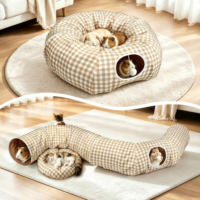 Lit tunnel à carreaux pliable 2-en-1 31,49 po, tunnel de jeu convertible Donut Cat, cachette lavable pour chats et lapins