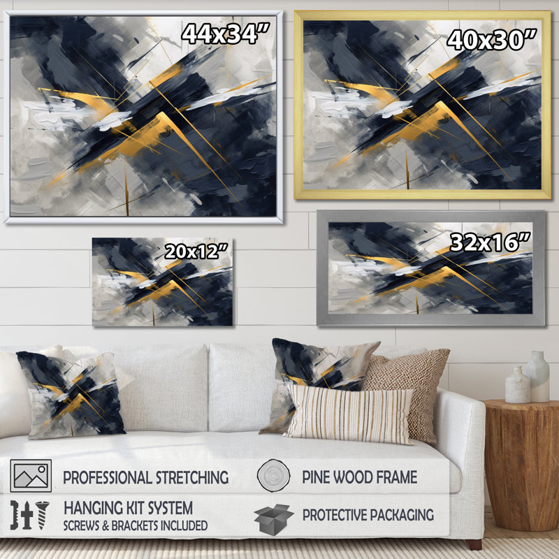 «Grey and Gold Transcendent Impressions III - Abstract Shapes», art encadré, H 16 po x l 32 po, Cadre flottant doré