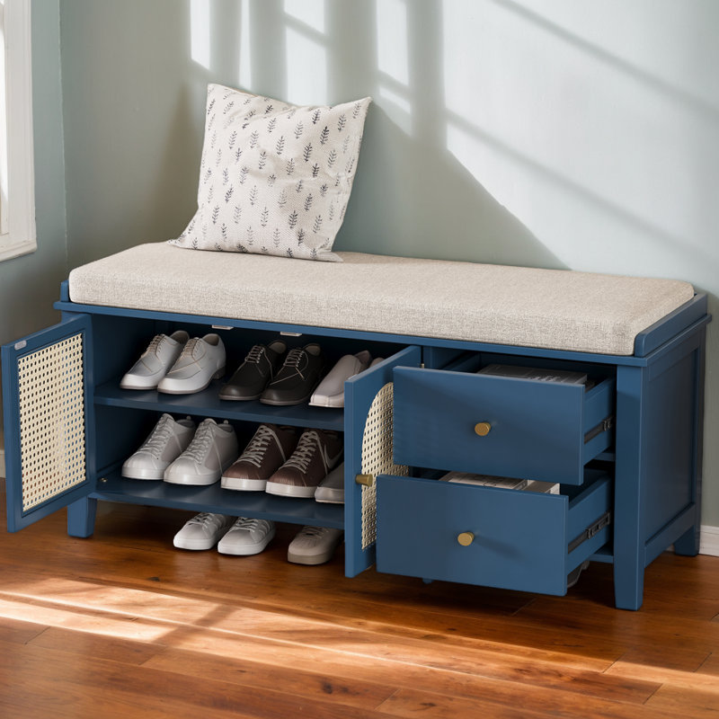 43.5"W Shoe Storage Bench, Shoe Storge With 2 Drawers And 2 Rattan Door, Blue