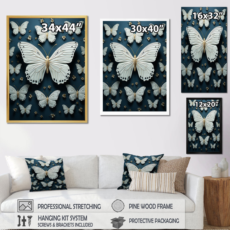 Papillon blanc et blanc, battement d'ailes de papillons, impression sur toile, H 32 po x l 16 po x P 1 po, Toile tendue