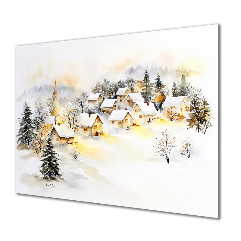 «Snowy Village At Night II - Winter Landscape Decor», reproduction métallique traditionnelle, H 34 po x l 44 po