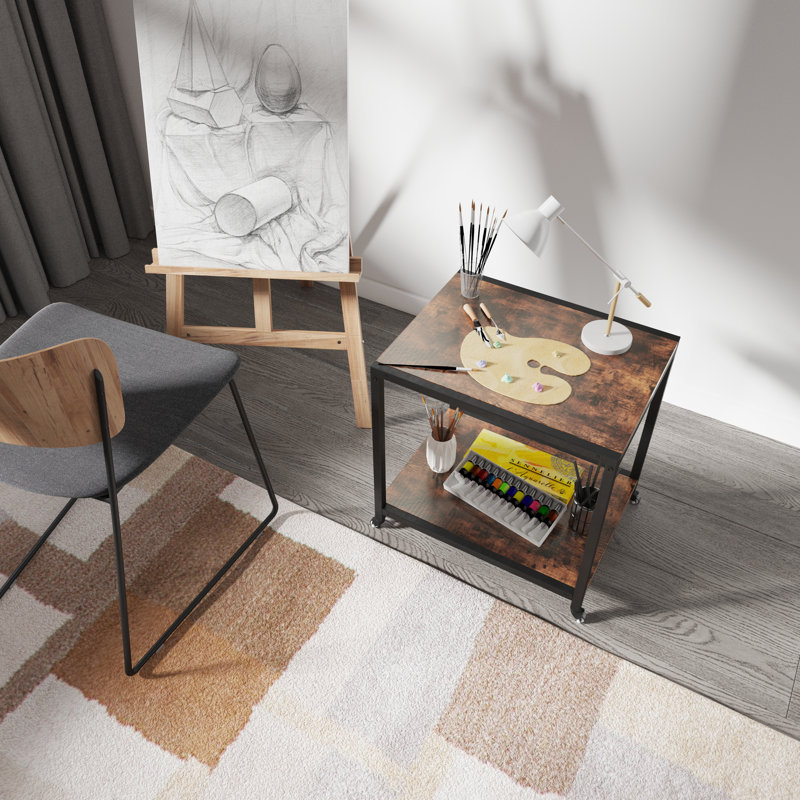 Tablette en fer et en bois à deux couches avec roulettes