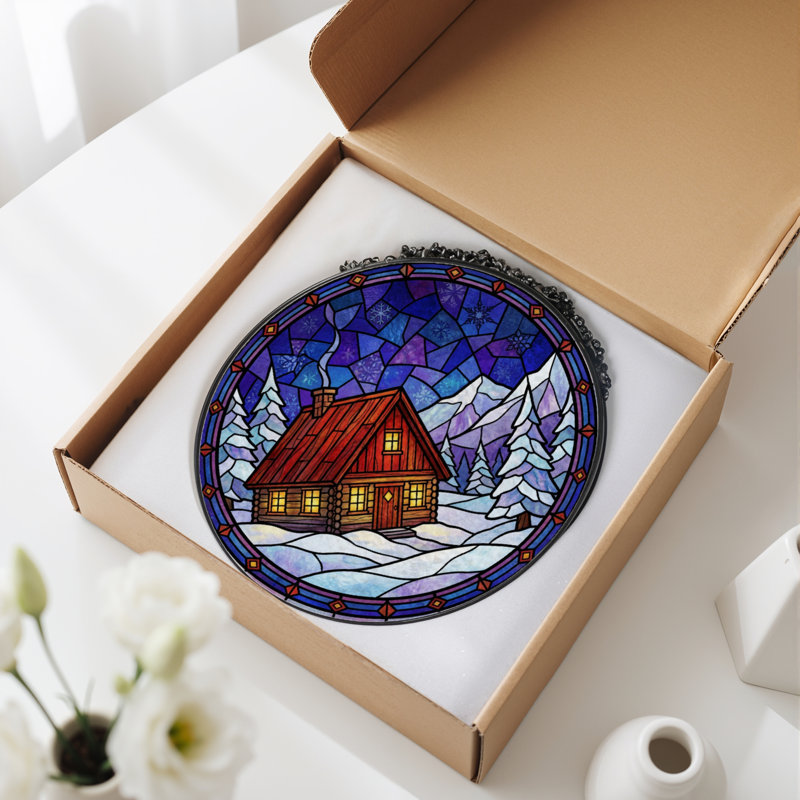 7.8"H Winter Cabin Stained Glass Window Panel, 7.8" H x 7.8" W