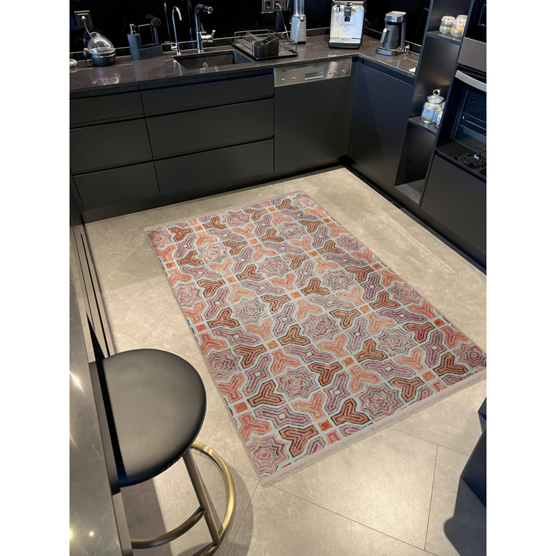 Tapis décoratif à franges rose et orange, Rectangle 6 pi 6 po x 9 pi 10 po