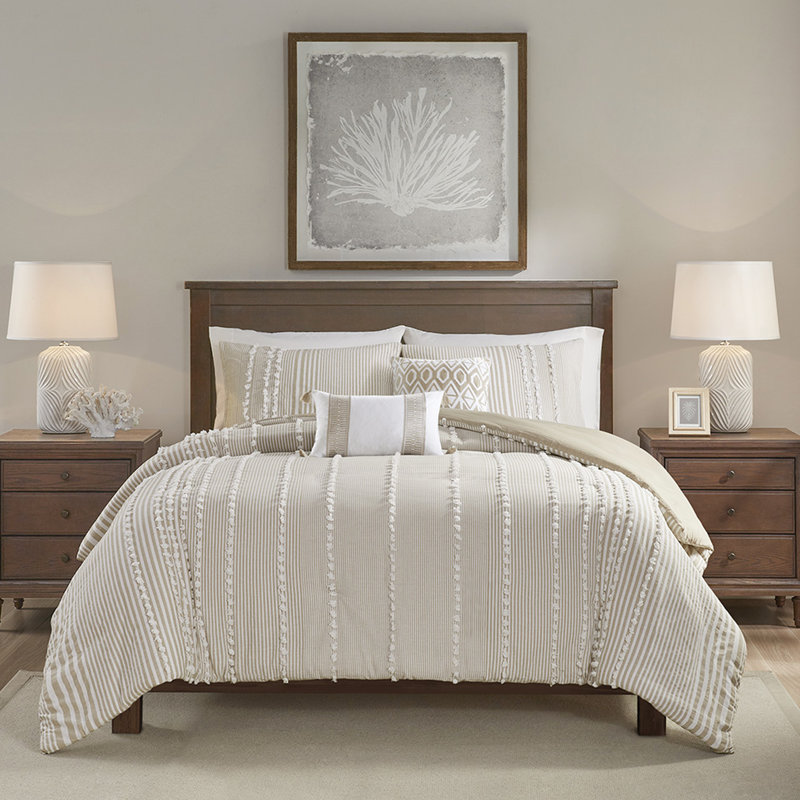 Housse de couette très grand teint en coton à 100% avec rayures de différentes largeurs en chenille taupe et blanche
