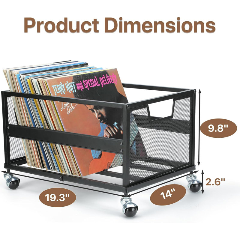 Caisse de rangement en métal pour disque vinyle avec roues