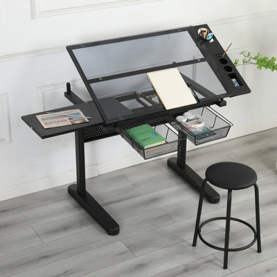 Hand Crank Adjustable Drafting Table Drawing Desk With 2 Metal Drawers WITH STOOL