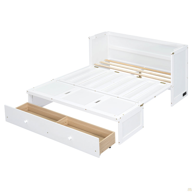 Lit escamotable double avec port USB et grand tiroir, Lit double, Blanc