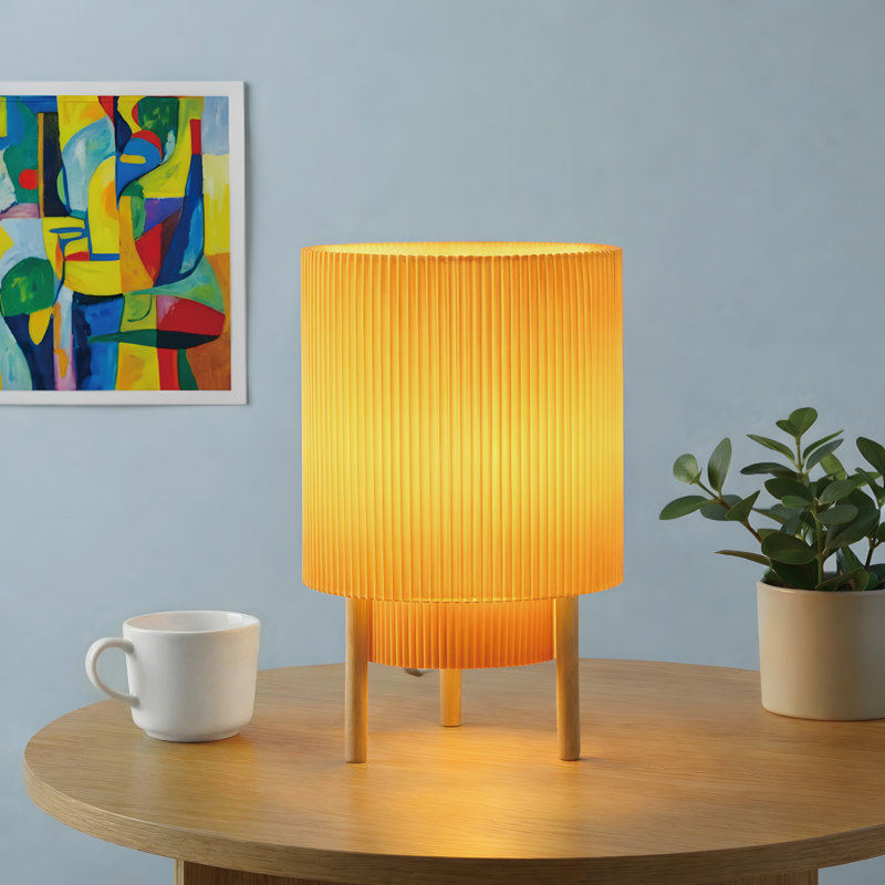 Lampe de table 10 po en tissu à double couche de style japonais avec base en bois naturel, à intensité variable et à température de couleur réglable, douille E12, homologuée UL