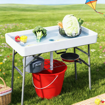 Table à glaçons blanche pour l'extérieur avec design pliable, tablette de rangement supplémentaire, convient aux pique-niques et aux fêtes, bonde à assembler requise, intempéries, grands pique-niques pour barbecue, nécessaire