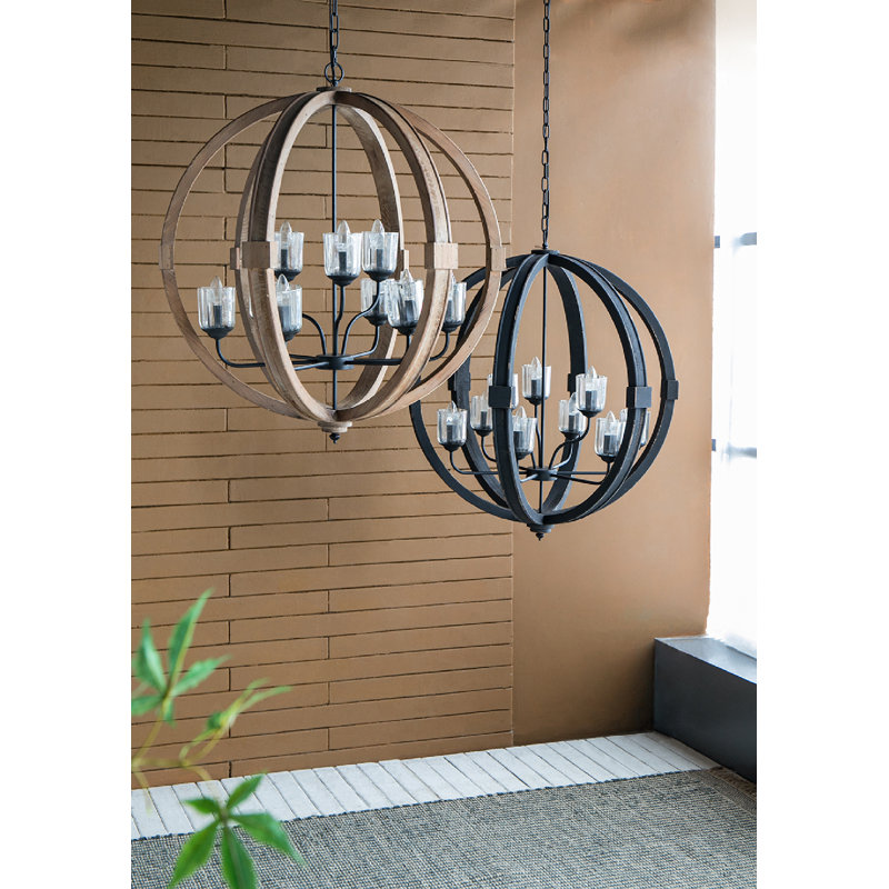 Amy-Lee 9 - Light Metal;Wood Lantern Geometric Chandelier, Black