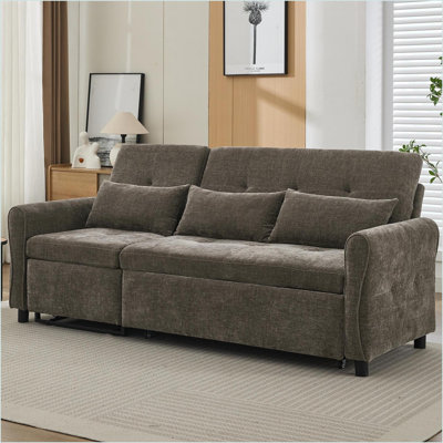 Sofas Couches 82'' 3-Seater 2-in-1 Sofa Bed with Recliner &amp; USB Ports, Curved Tufted Armrests for Living Room | Orange | Chenille