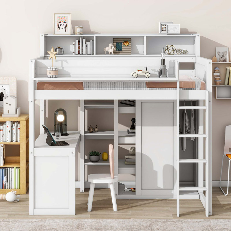 Lit mezzanine en bois avec plusieurs tablettes de rangement et garde-robe, Blanc
