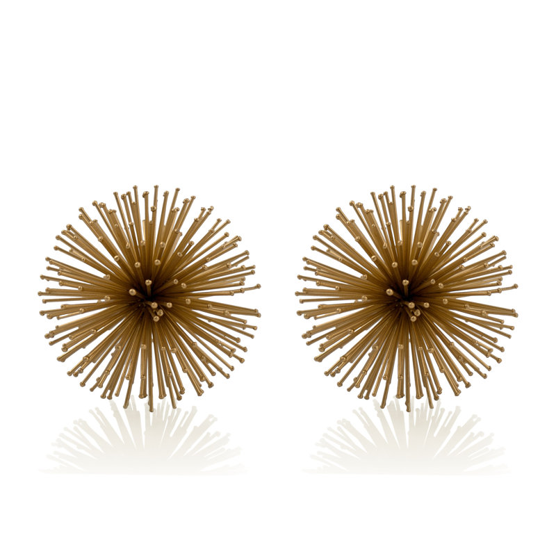 Set of Two Gold Iron Decorative Spiky Sphere Tabletop Sculptures