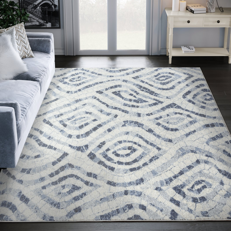 Rectangular Blue and Ivory Geometric Synthetic Area Rug
