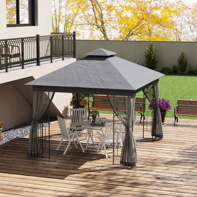 Pavillon de jardin en métal 10 po x 11,5 po avec double toit et arbre perçu, gris, pour la protection du jardin, de la cour, de la cour, de la terrasse