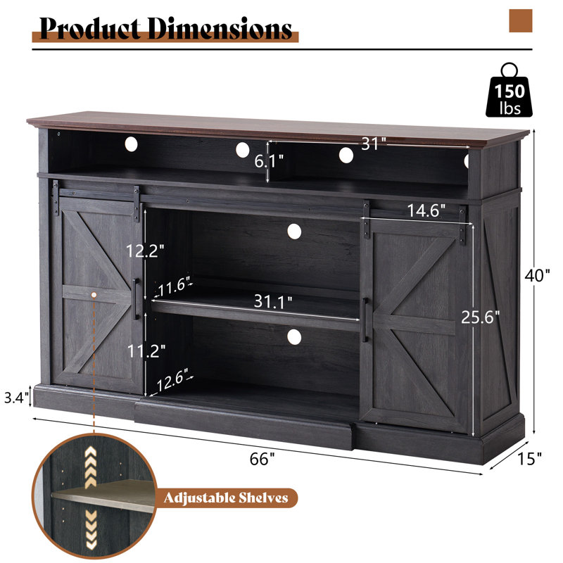  Allen 66" W Farmhouse TV Stand with Sliding Barn Door & Large Storage Shelves, Dark Gray, Dark Gray