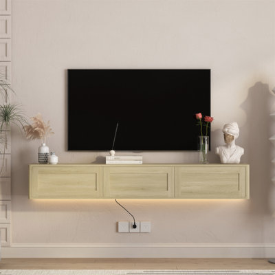 Meuble télé flottant, meuble télé mural avec lumières DEL et prise de courant, meuble télé ultrabrillant pour meuble télé en bois pour le salon