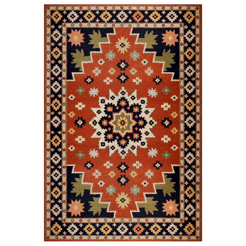 Quarza Collection Digital Print Cotton-Polyester Brown Moroccan Rug, Square 5'3"