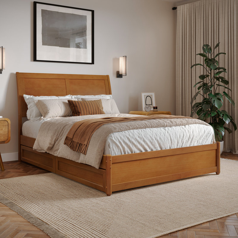 Lit plateforme en bois massif Lamayia avec pied de lit et tiroirs de rangement, Full, Light Toffee