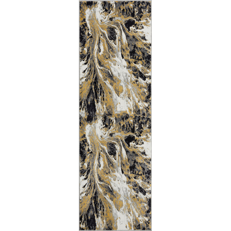 Tapis jaune / noir / blanc Pinette, Tapis de couloir 2 pi 3 po x 7 pi 3 po