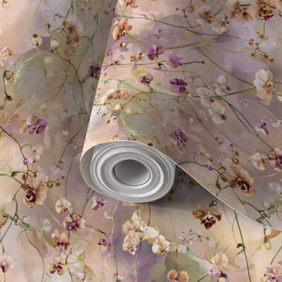 Papier peint auto-adhésif Aquarelle, fleurs, orchidées, fleurs, tons de printemps, adhésif et amovible, 24 po x 118 po (60 x 300 cm)