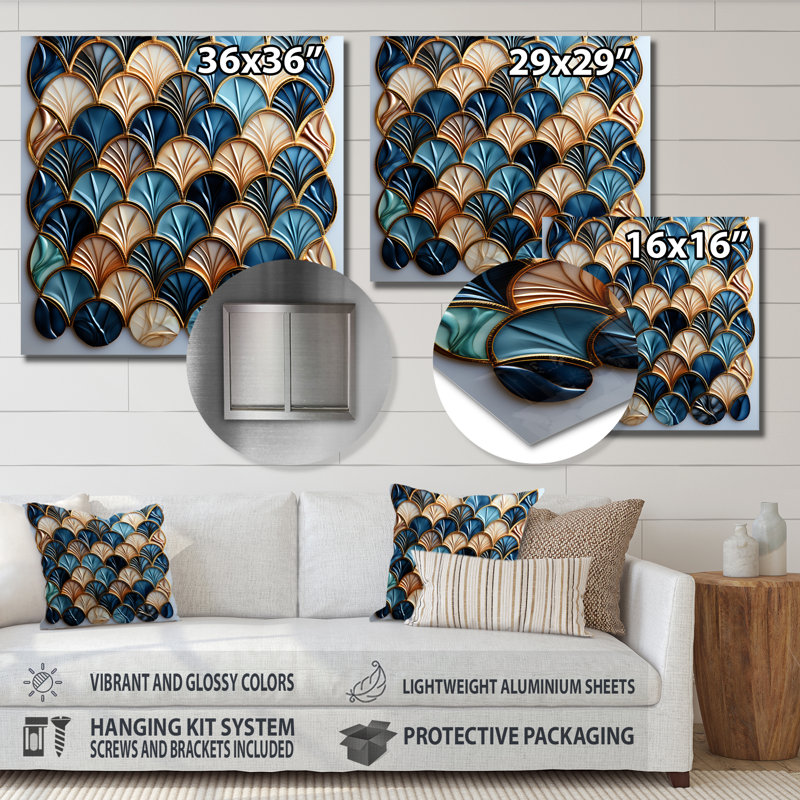 Art déco bleu carreaux dorés élégance 1 I - art mural géométrique en métal, H 16 po x l 16 po