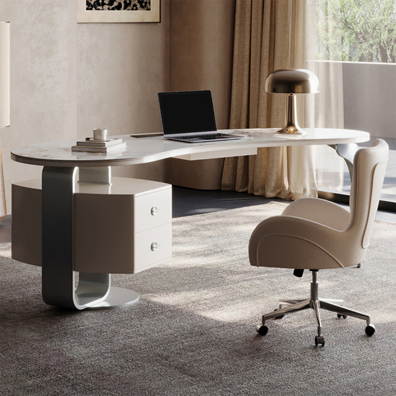 Bureau blanc rectangulaire en bois manufacturé avec 3 tiroirs, H 29,53 po x l 62,99 po x P 30,31 po, Retour à gauche