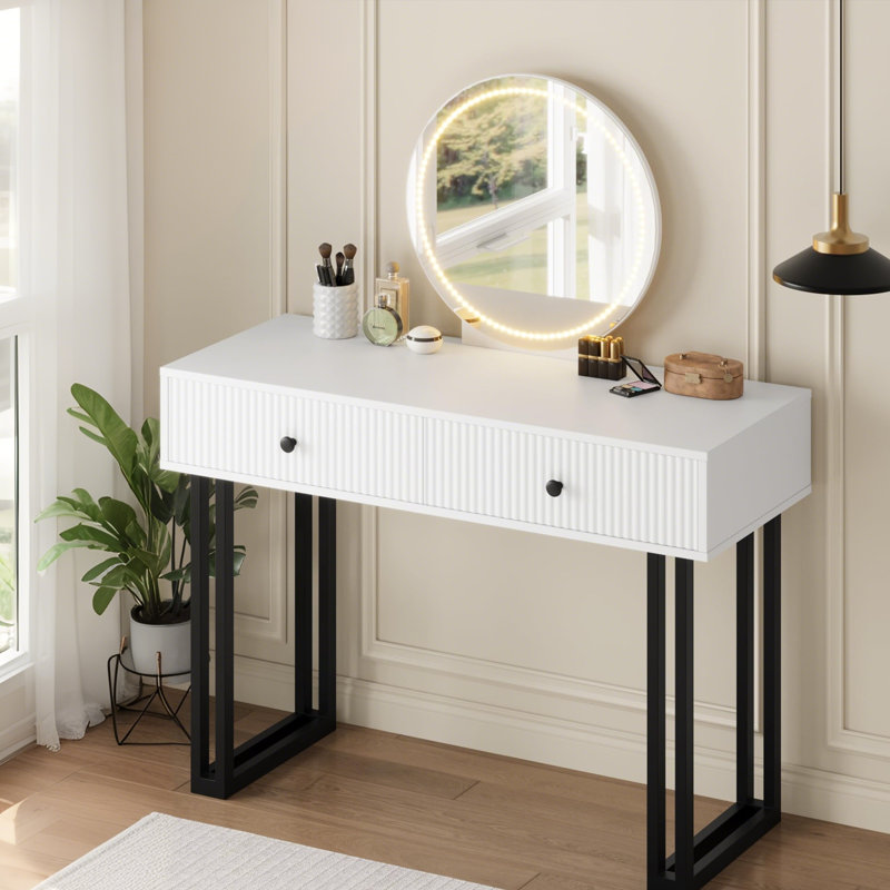 Meuble-lavabo moderne avec miroir rond lumineux HD, 3 couleurs DEL, 2 tiroirs et tablette - Table de maquillage compacte pour la chambre à coucher